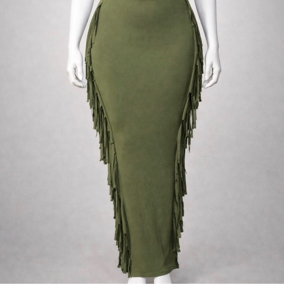 Army Green Fringe Skirt - Picture 2 of 2